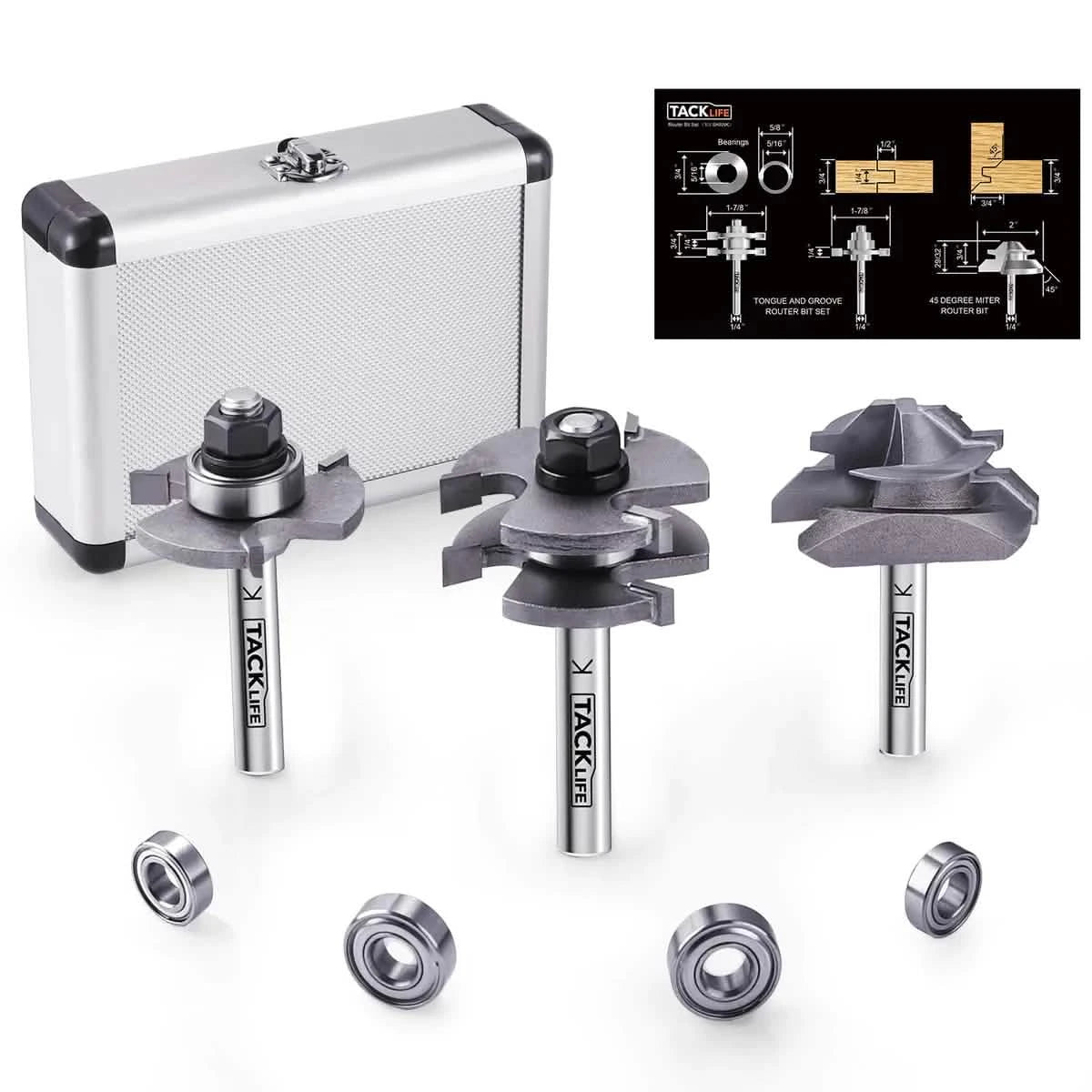 TACKLIFE Router Bit Set 1/4 Shank, Tongue and Groove Router Bit Set with 4Pcs Bearings Set RB31C Home Improvement - DailySale