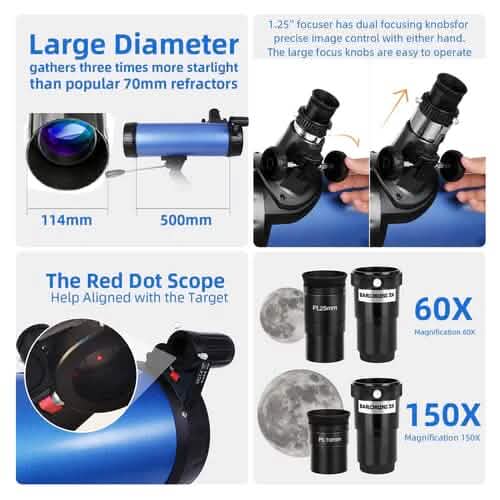 Telescope for Beginner 114mm Aperture 500mm AZ Mount Astronomical Reflector Sports & Outdoors - DailySale