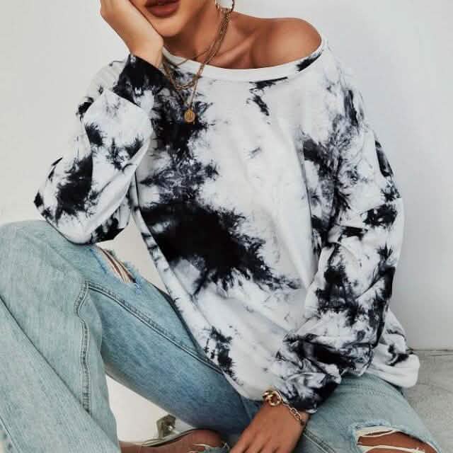 Tie Dye Drop Shoulder Sweatshirt Women's Tops Black/White S - DailySale