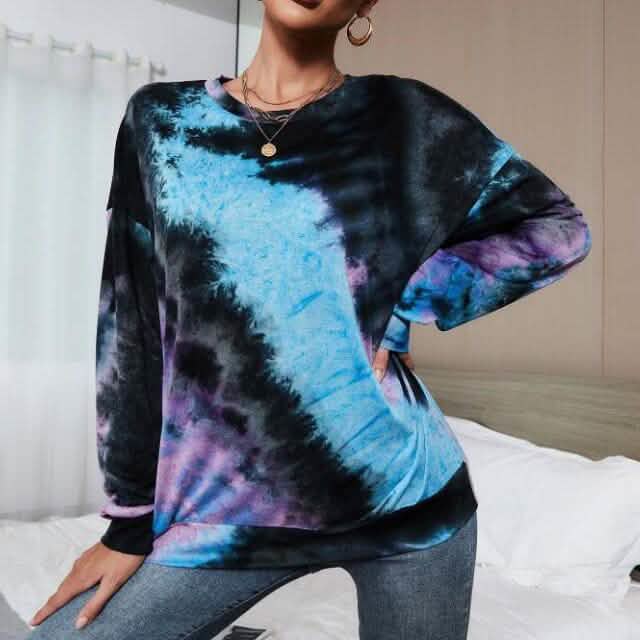 Tie Dye Drop Shoulder Sweatshirt Women's Tops Blue S - DailySale