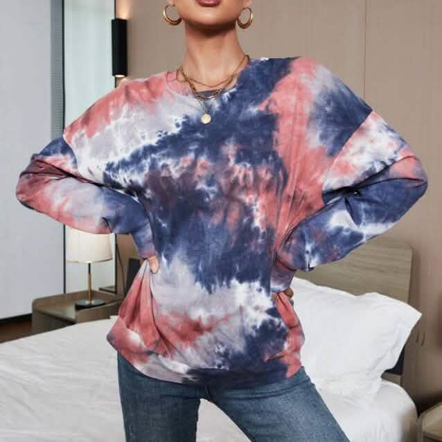 Tie Dye Drop Shoulder Sweatshirt Women's Tops Blue/Pink S - DailySale