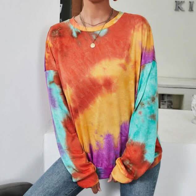 Tie Dye Drop Shoulder Sweatshirt Women's Tops Red S - DailySale