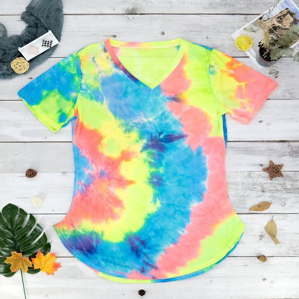 Tie-dye V-neck Tee Women's Clothing S Dark Blue - DailySale