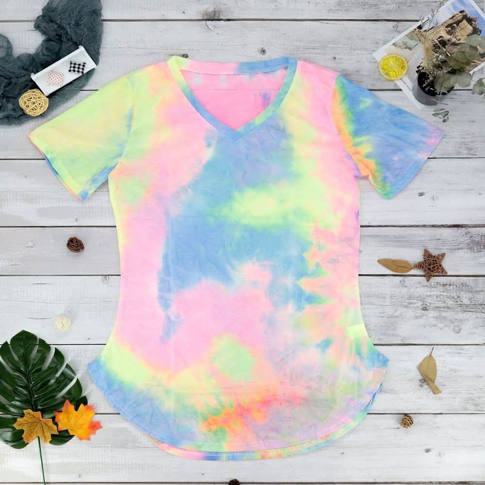 Tie-dye V-neck Tee Women's Clothing S Green - DailySale
