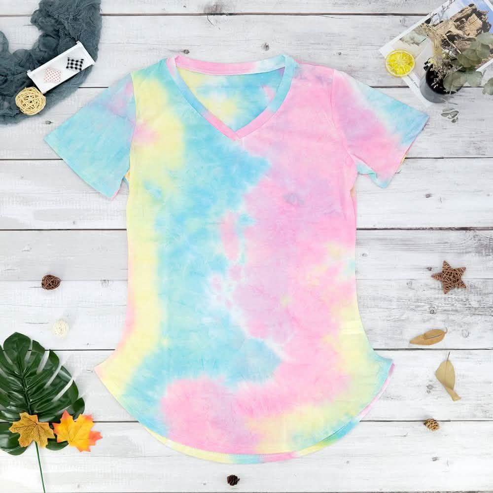 Tie-dye V-neck Tee Women's Clothing S Light Blue - DailySale