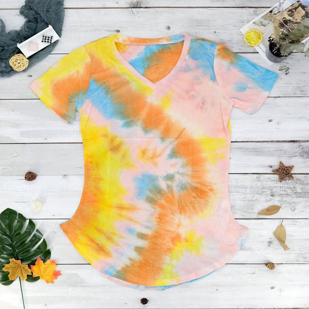 Tie-dye V-neck Tee Women's Clothing S Orange - DailySale