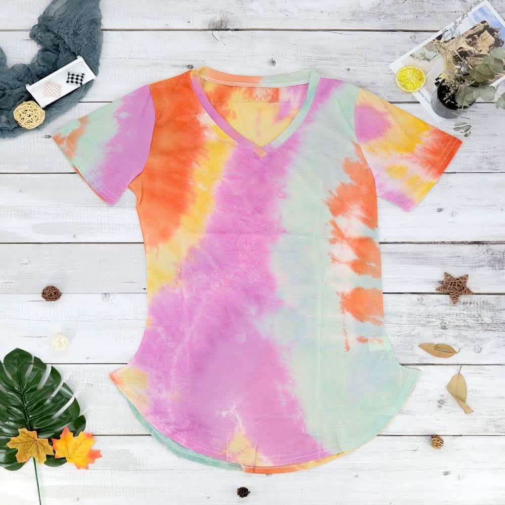 Tie-dye V-neck Tee Women's Clothing S Turquoise - DailySale