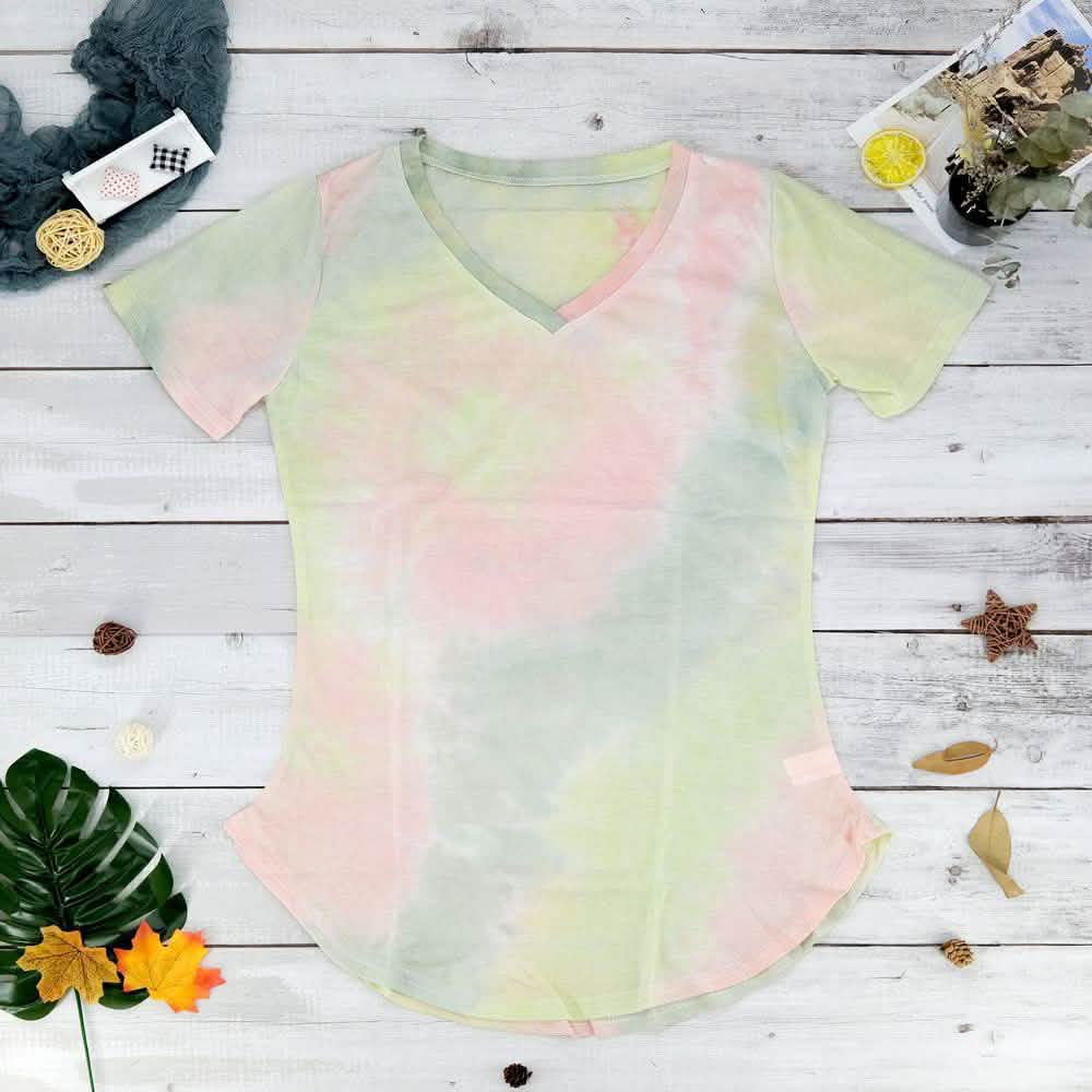 Tie-dye V-neck Tee Women's Clothing S Yellow - DailySale