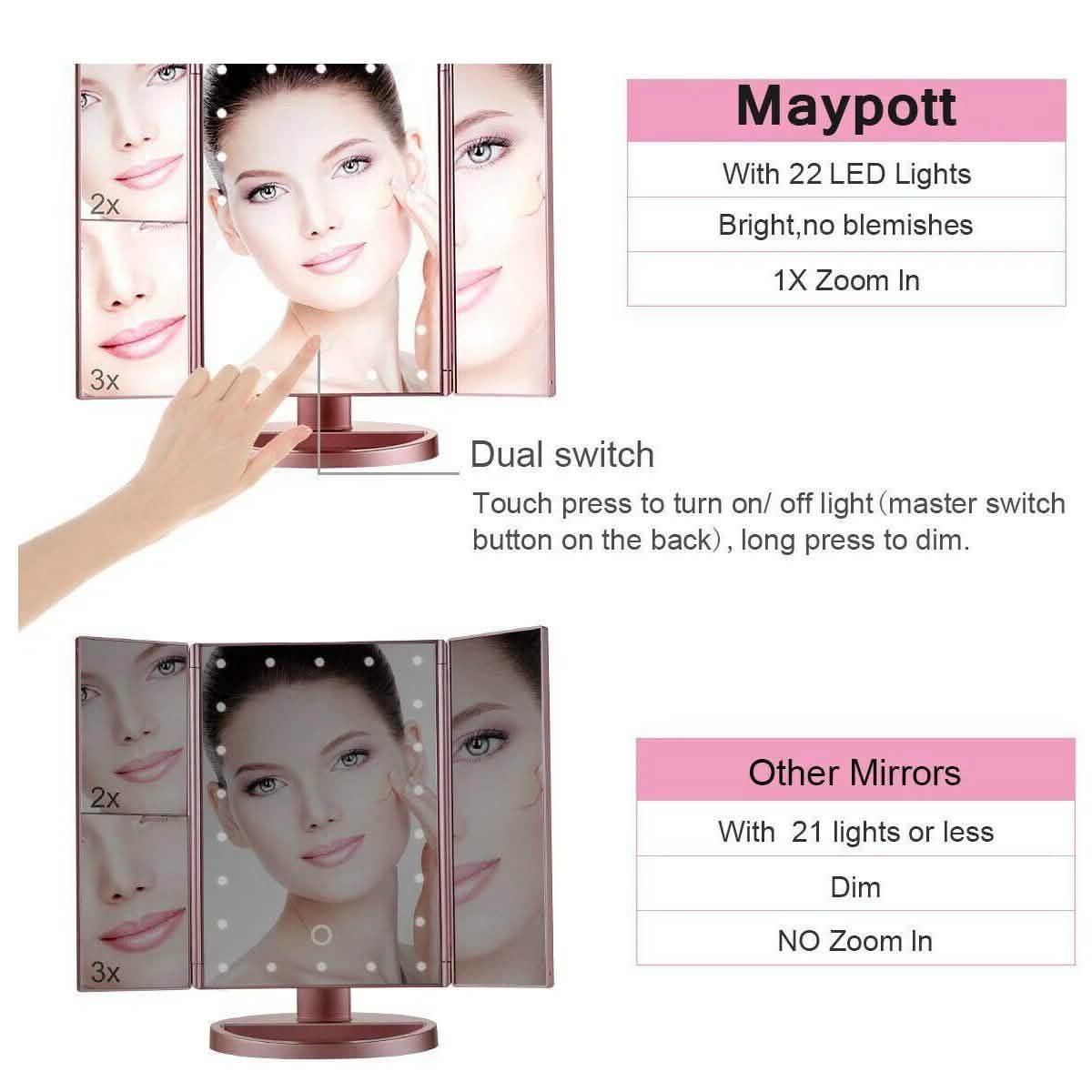 Tri-fold Vanity Makeup LED USB Touch Screen 10X Magnifing Mirror Beauty & Personal Care - DailySale