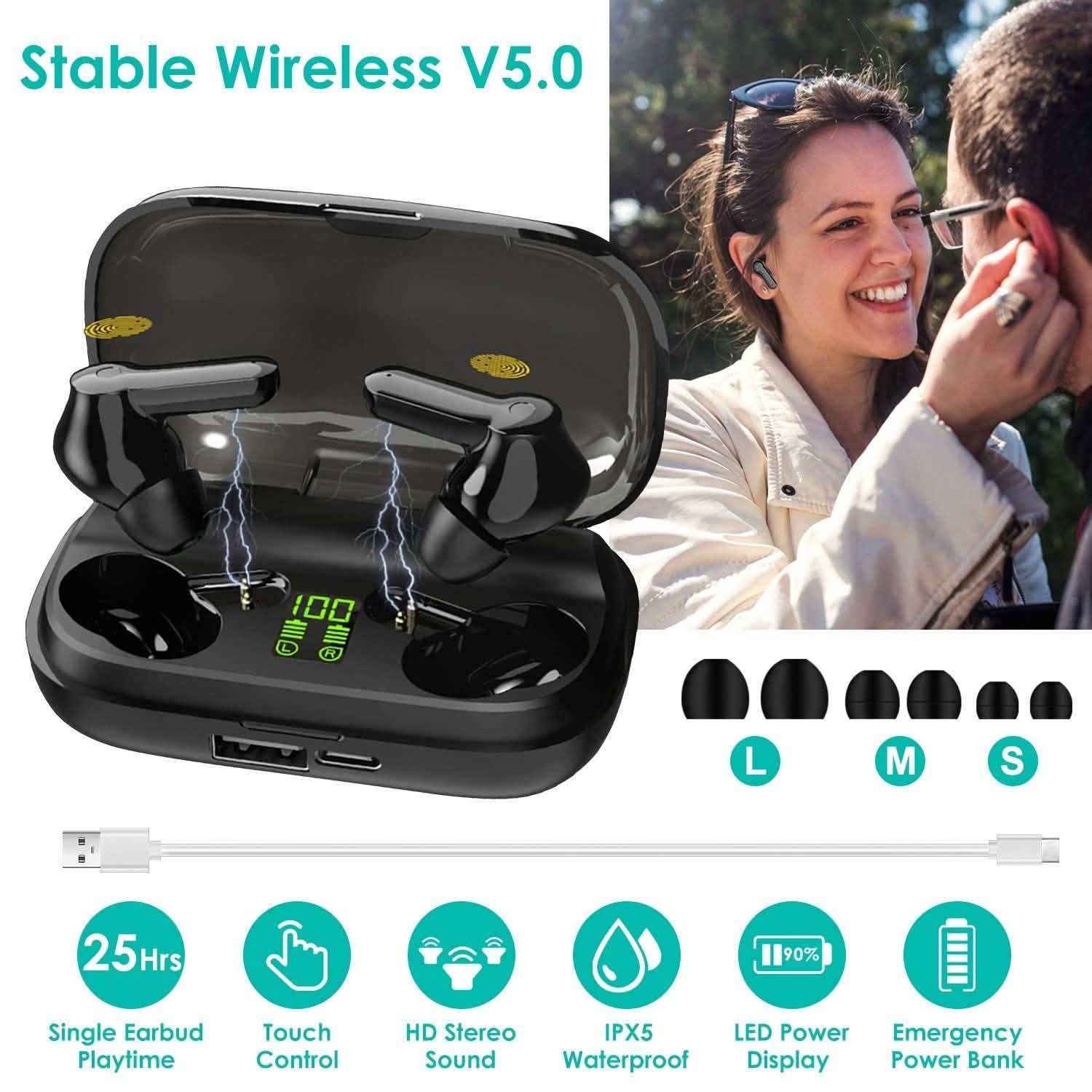 True Wireless V5.0 Earbuds IPX 5 Water Resistant Headphones & Audio - DailySale