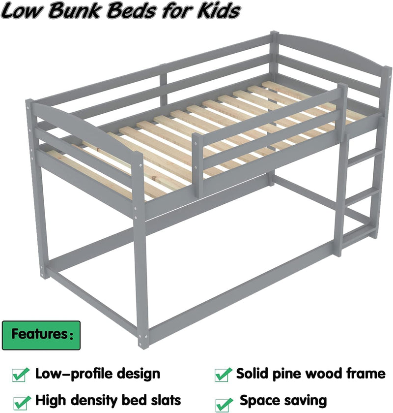 Twin Over Twin Floor Bunk Bed with Ladder
