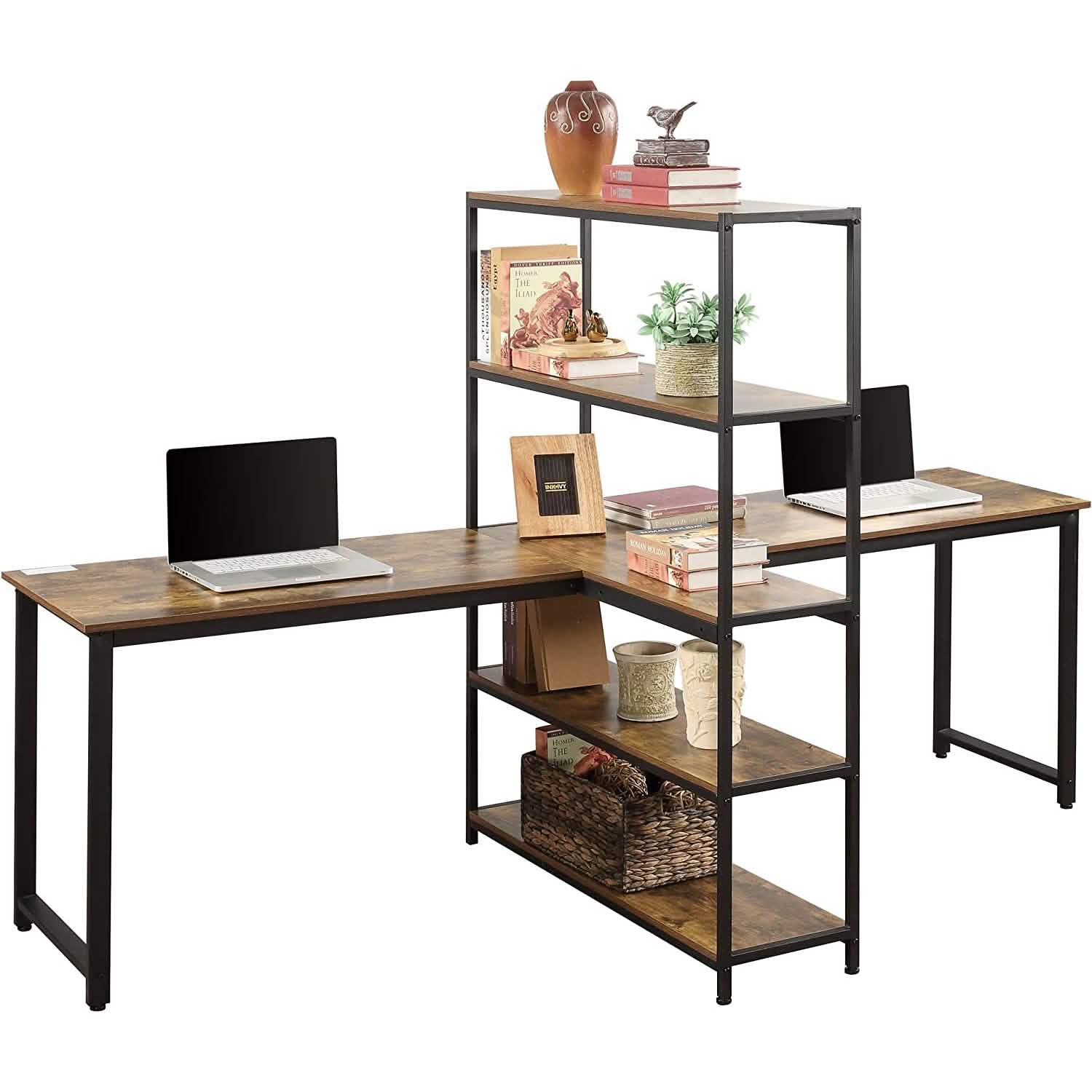 Two Person Computer Desk with Bookshelf Wood and Metal Furniture & Decor - DailySale