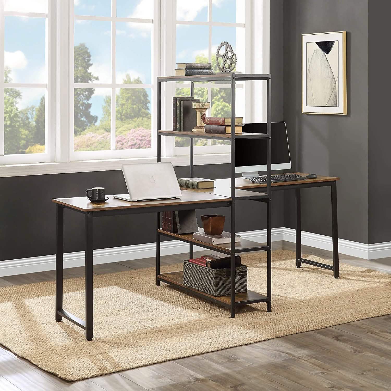 Two Person Computer Desk with Bookshelf Wood and Metal Furniture & Decor - DailySale