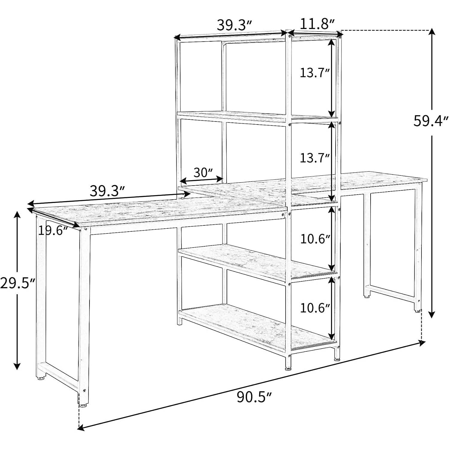 Two Person Computer Desk with Bookshelf Wood and Metal Furniture & Decor - DailySale