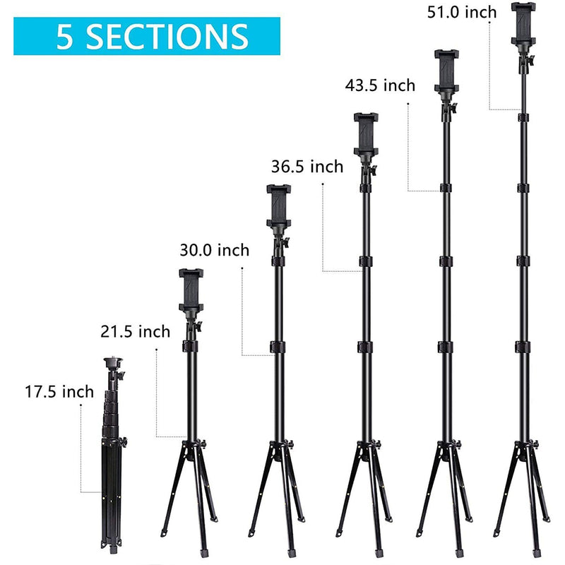 UBeesize 51" Extendable Tripod Stand with Bluetooth Remote dimensions folded and extended into 5 sections