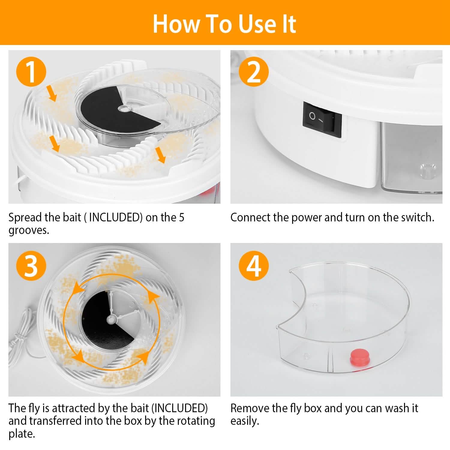 Step-by-step instructions of USB powered Electric Fly Trap Automatic Flycatcher showing four images: 1) Spread the baits, 2) Connect Power, 3) Fly is attracted, and 4) Remove the fly box