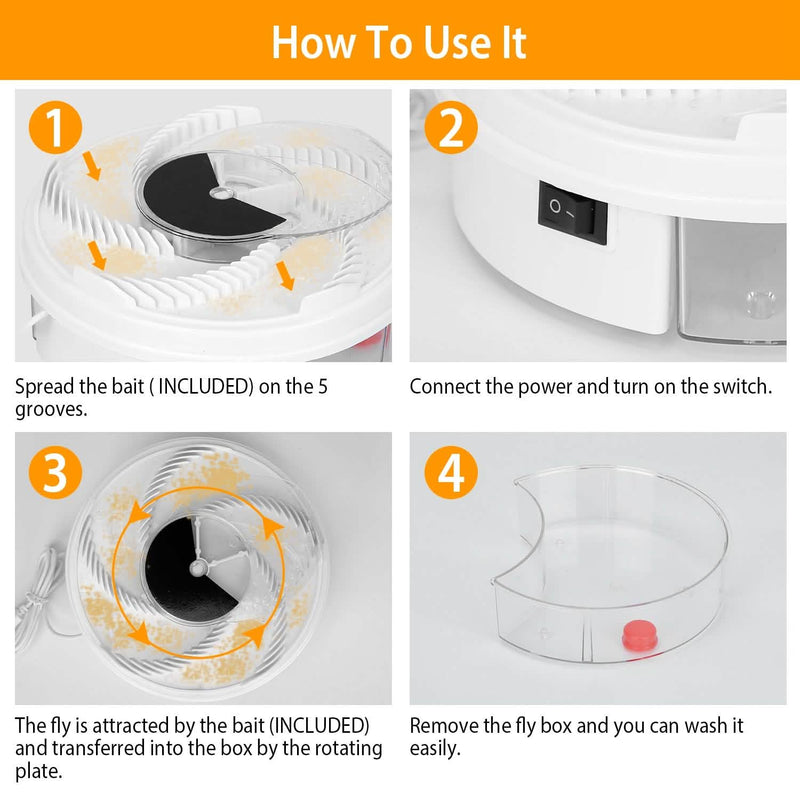 Step-by-step instructions of USB powered Electric Fly Trap Automatic Flycatcher showing four images: 1) Spread the baits, 2) Connect Power, 3) Fly is attracted, and 4) Remove the fly box