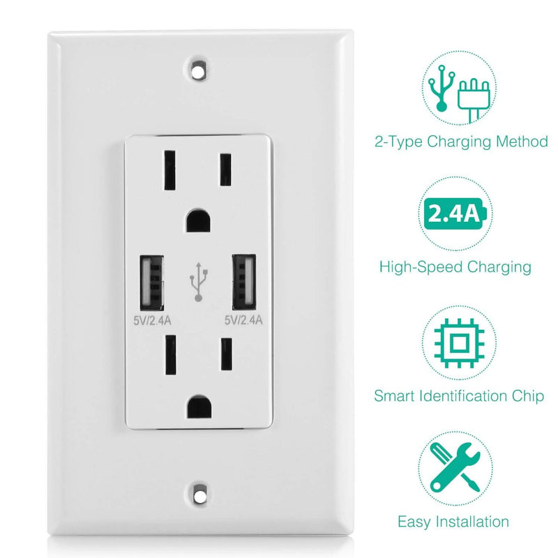 USB Wall Outlet Dual 2.4A USB Wall Charger Household Batteries & Electrical - DailySale