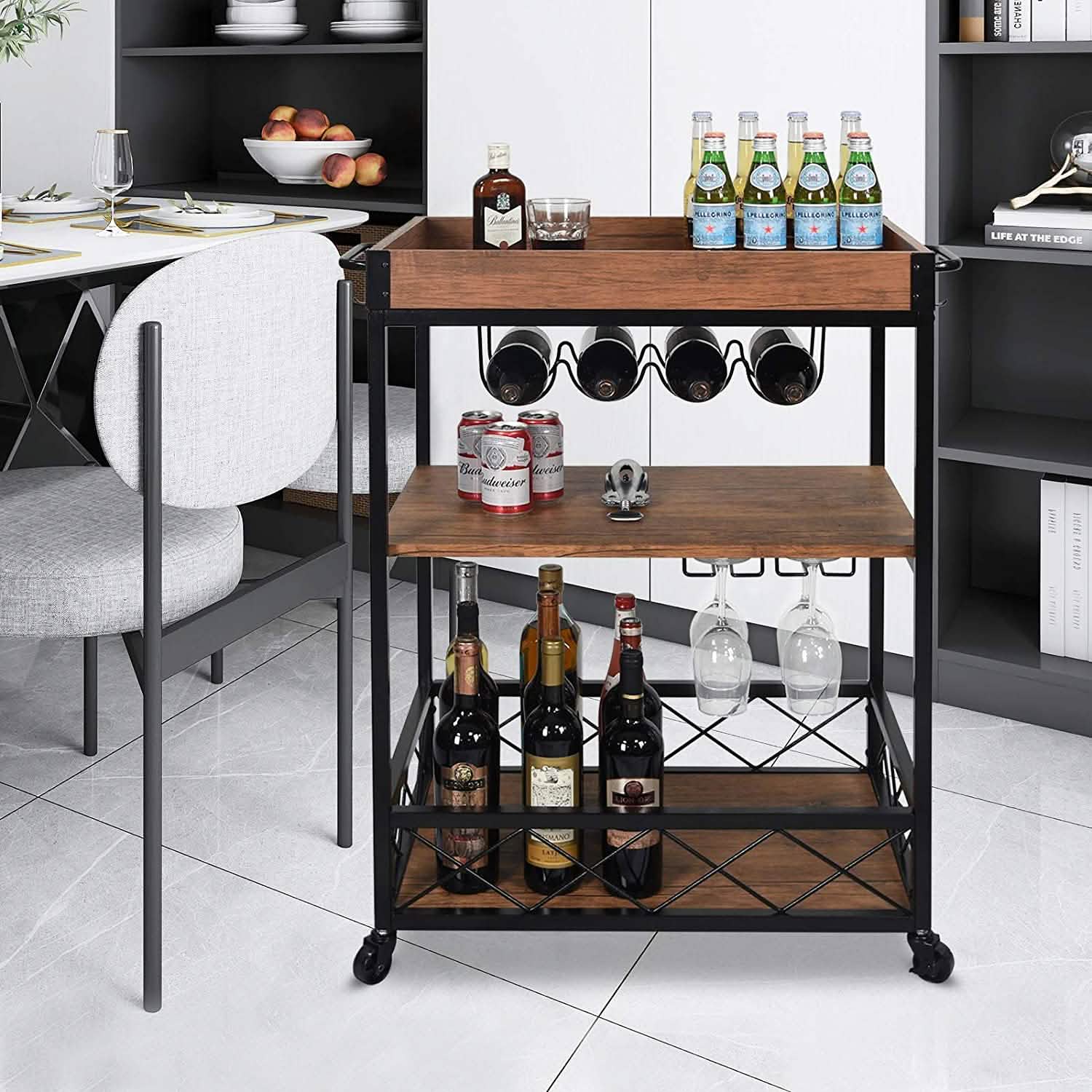 Usinso Industrial Rolling Bar Cart with 3 Tier Storage Shelves Kitchen Storage - DailySale