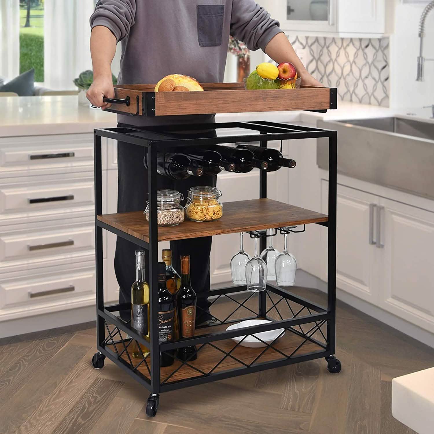 Usinso Industrial Rolling Bar Cart with 3 Tier Storage Shelves Kitchen Storage - DailySale