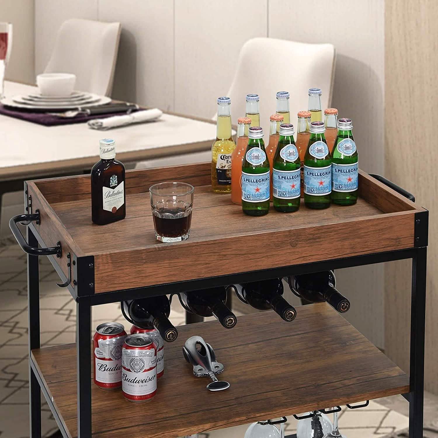 Usinso Industrial Rolling Bar Cart with 3 Tier Storage Shelves Kitchen Storage - DailySale