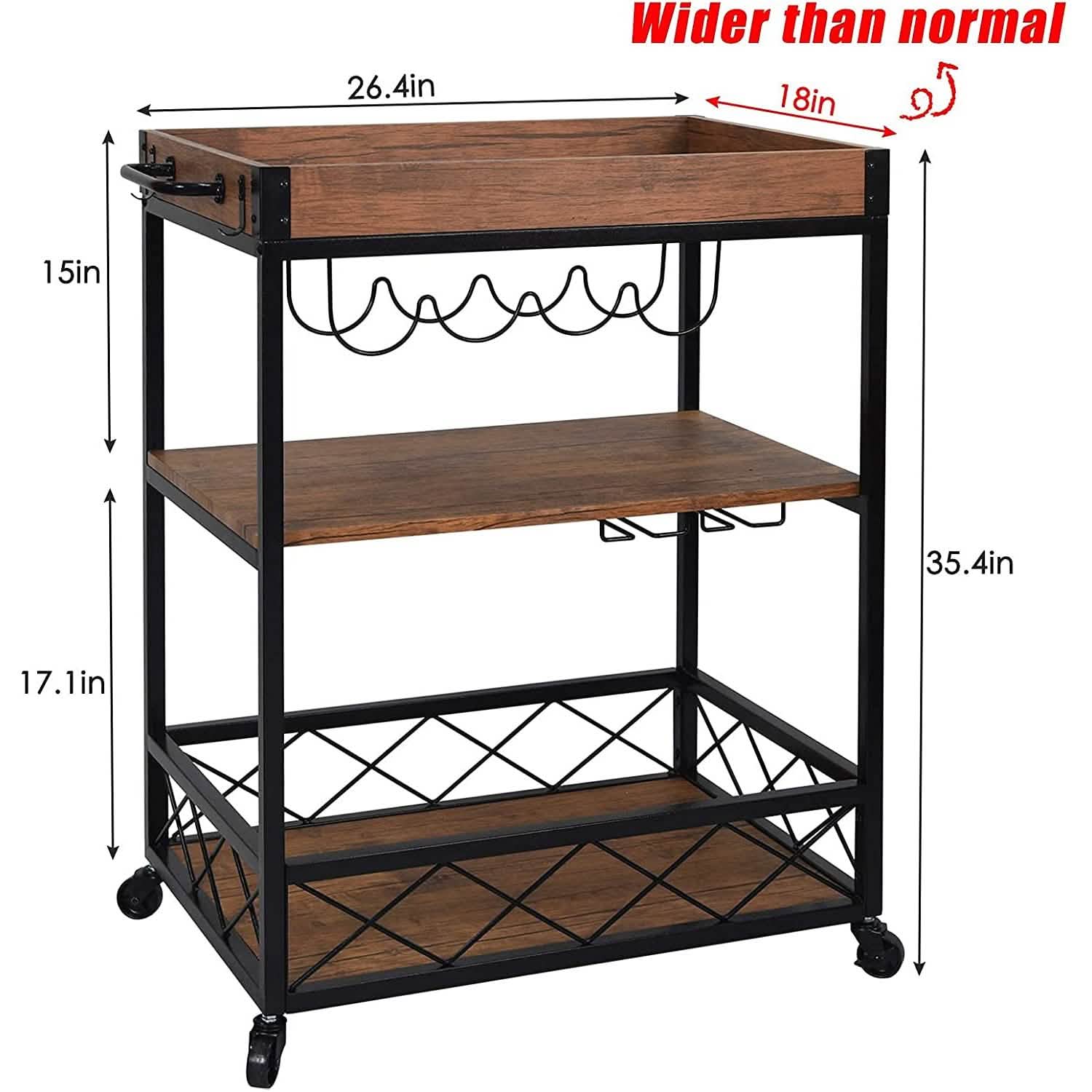 Usinso Industrial Rolling Bar Cart with 3 Tier Storage Shelves Kitchen Storage - DailySale