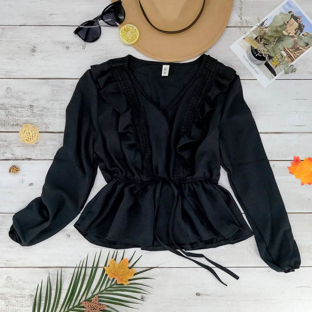 V-Neck Ruffle Blouse Women's Clothing Black - DailySale