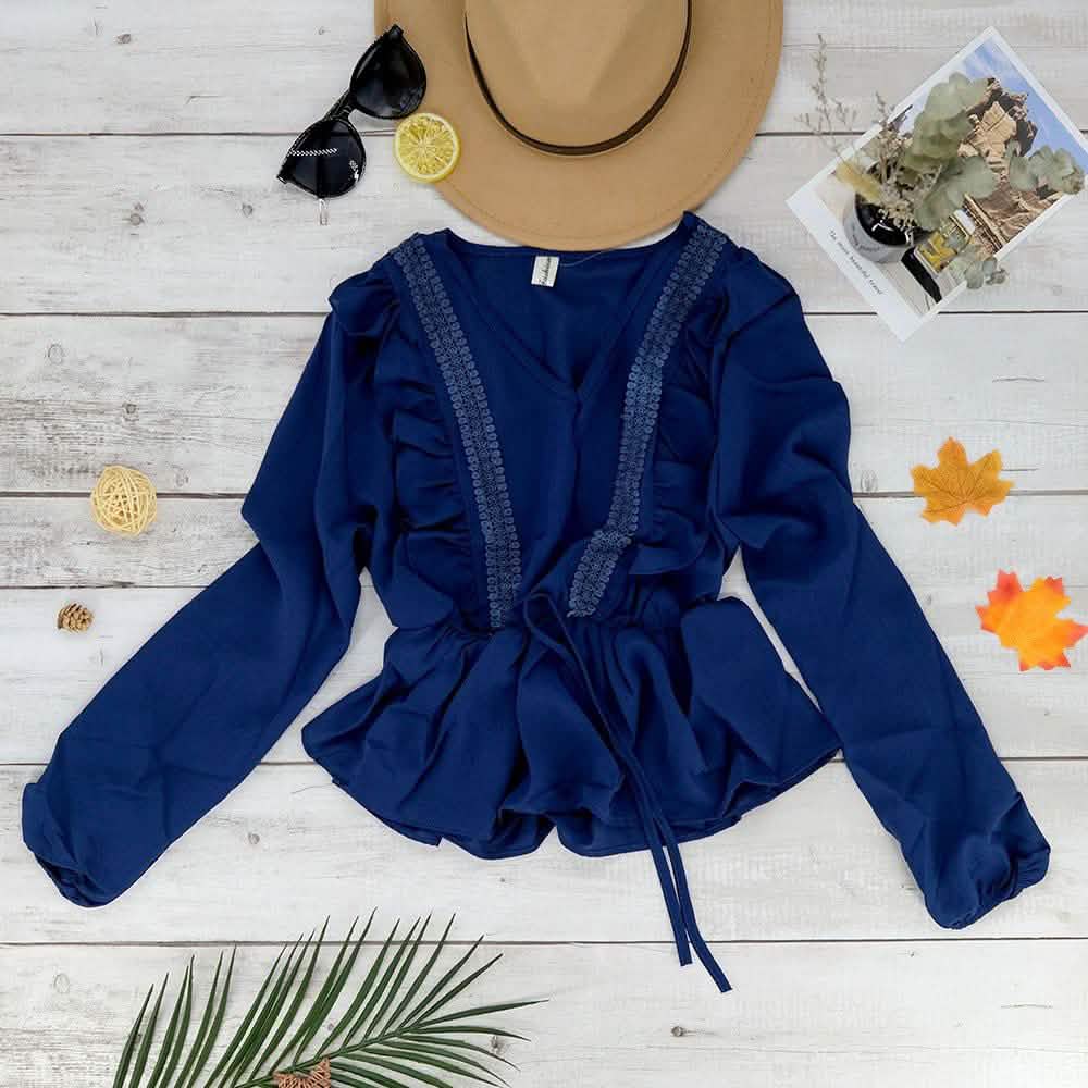 V-Neck Ruffle Blouse Women's Clothing Dark Blue - DailySale