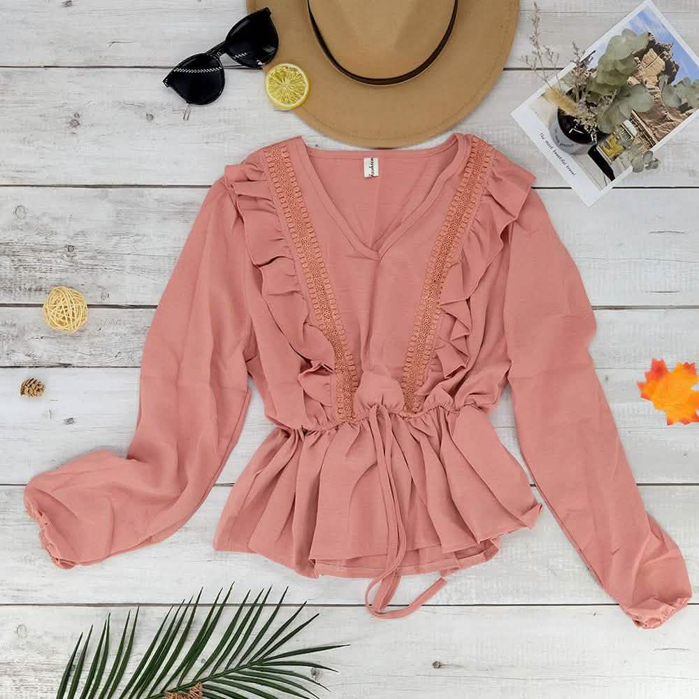 V-Neck Ruffle Blouse Women's Clothing Pink - DailySale