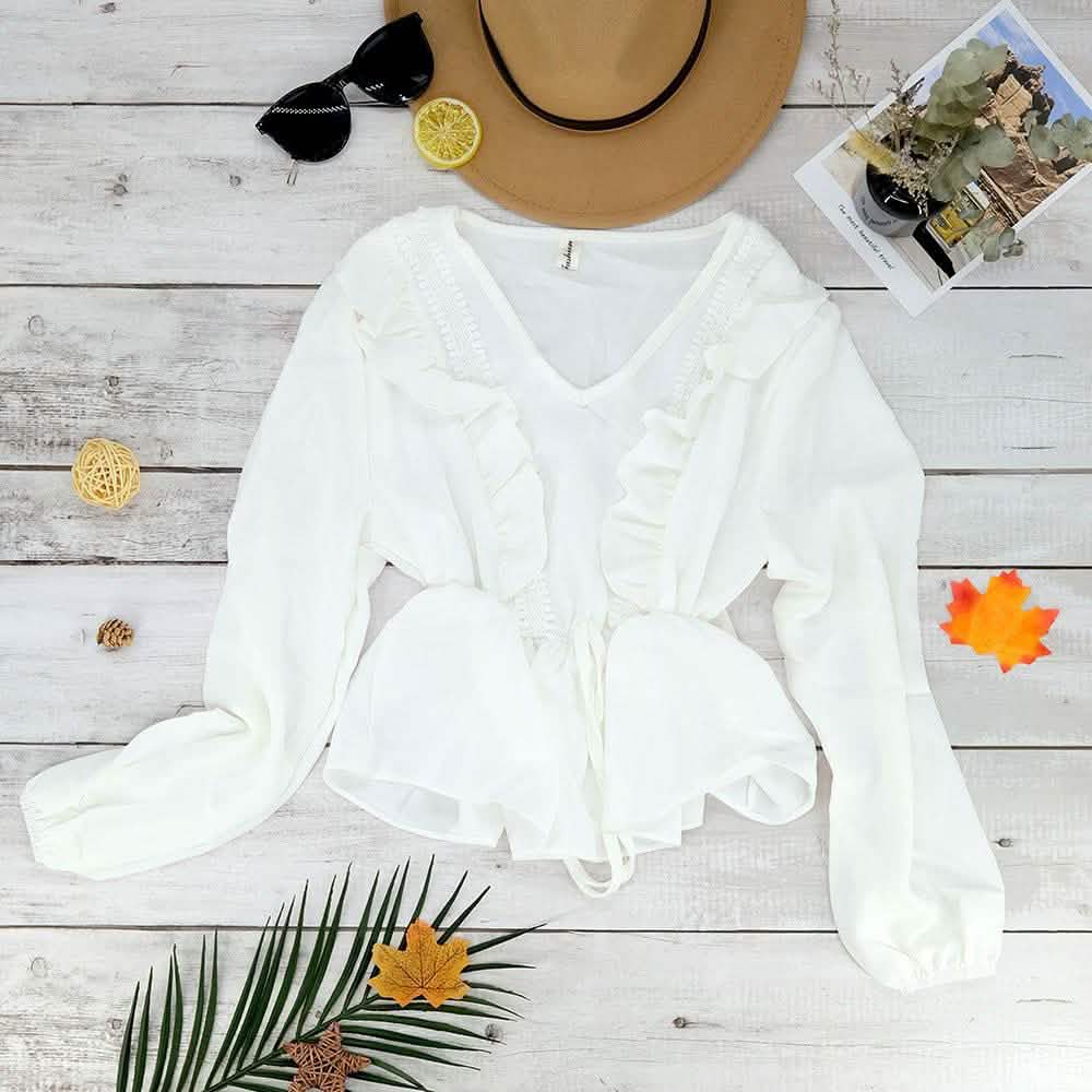 V-Neck Ruffle Blouse Women's Clothing White - DailySale