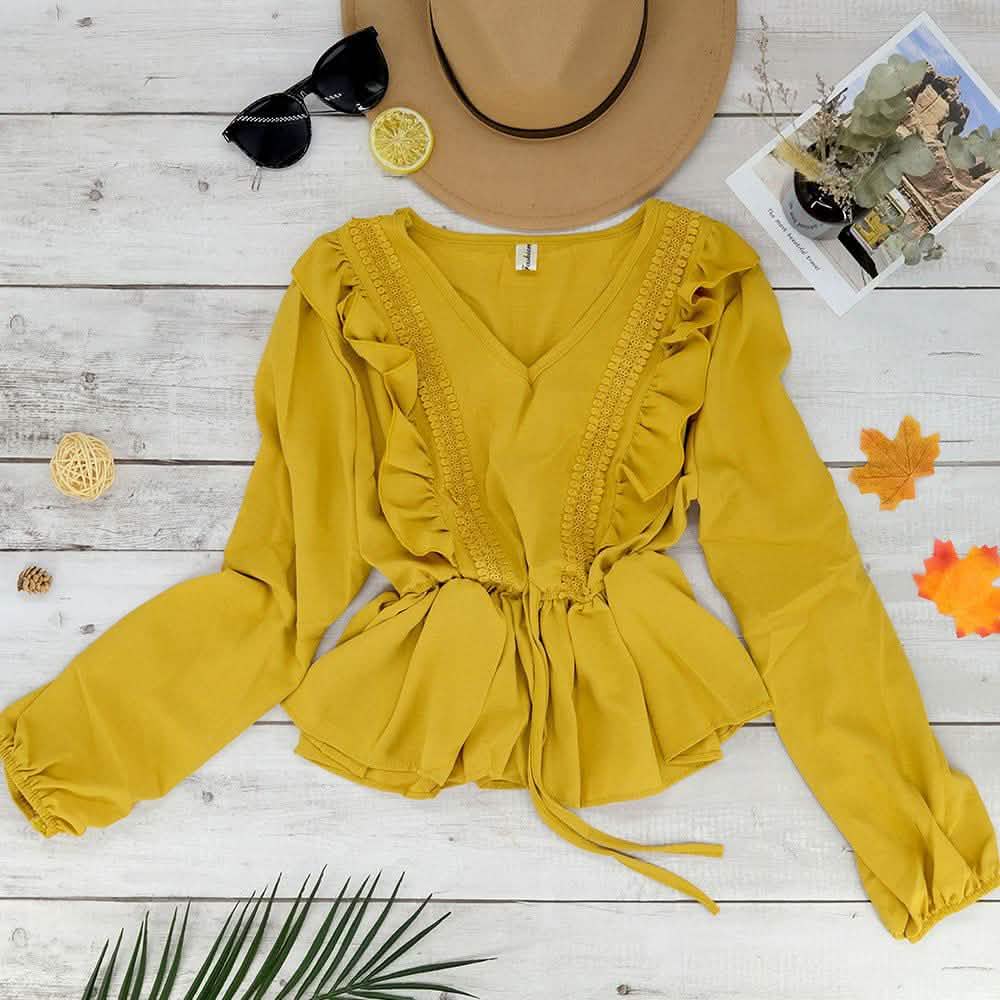 V-Neck Ruffle Blouse Women's Clothing Yellow - DailySale