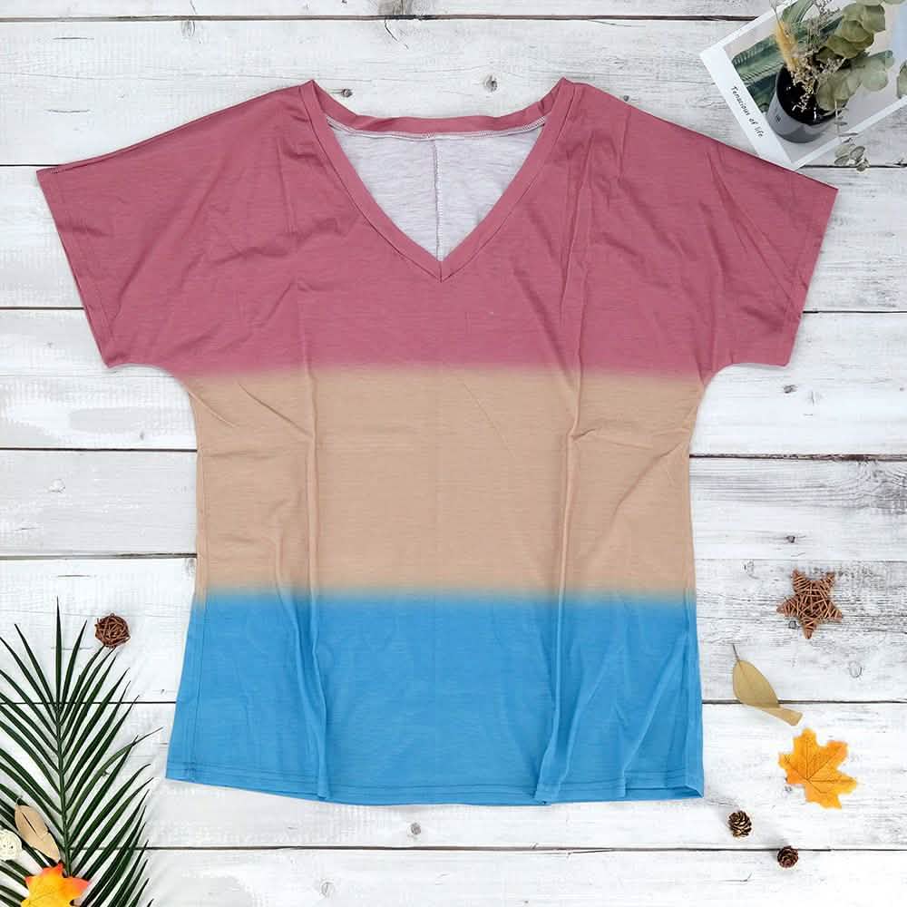 V-Neck Striped T-Shirt for Women Women's Clothing Pink S - DailySale