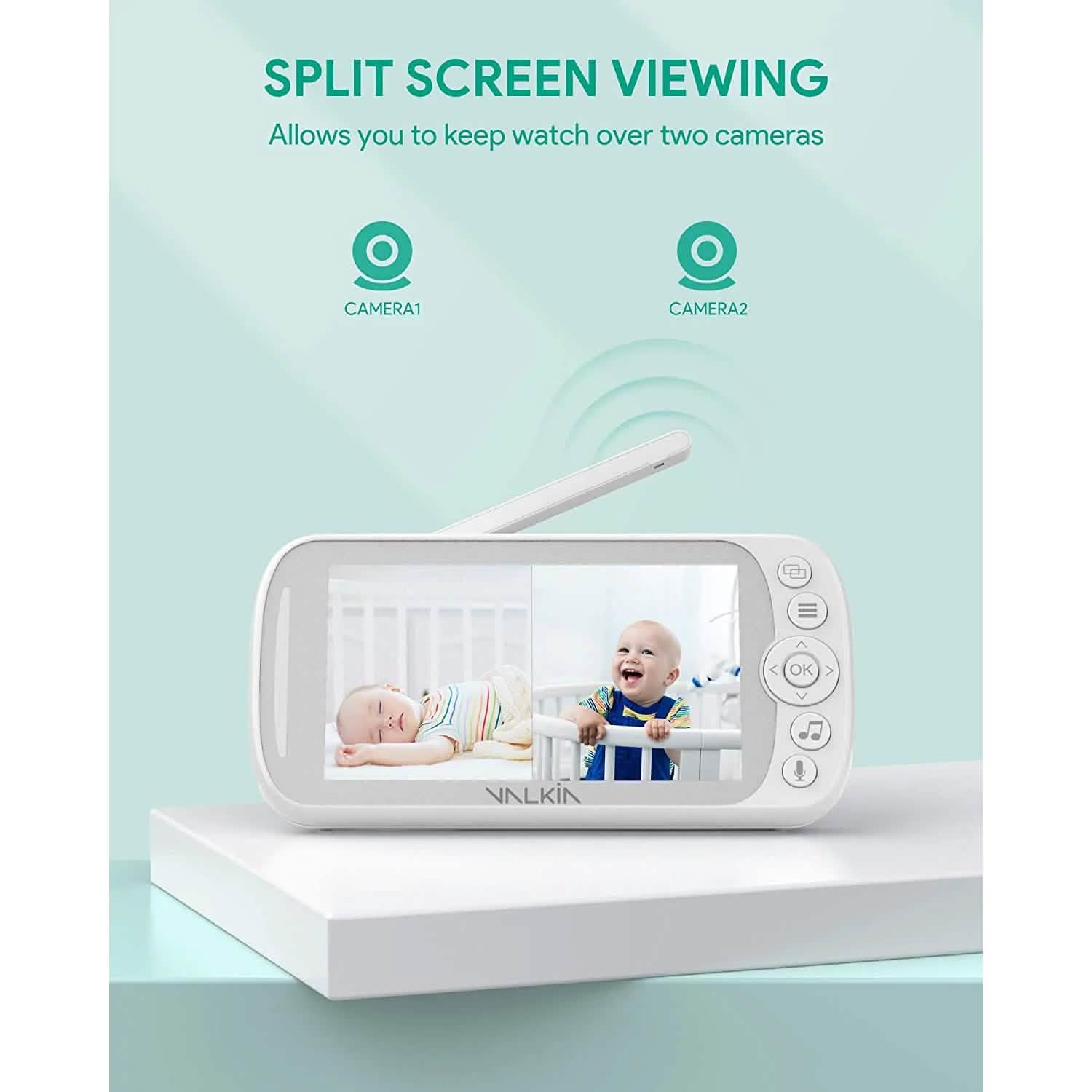 Smartphone app for VALKIA 720P 5" HD Display Baby Monitor demonstrating split-screen viewing