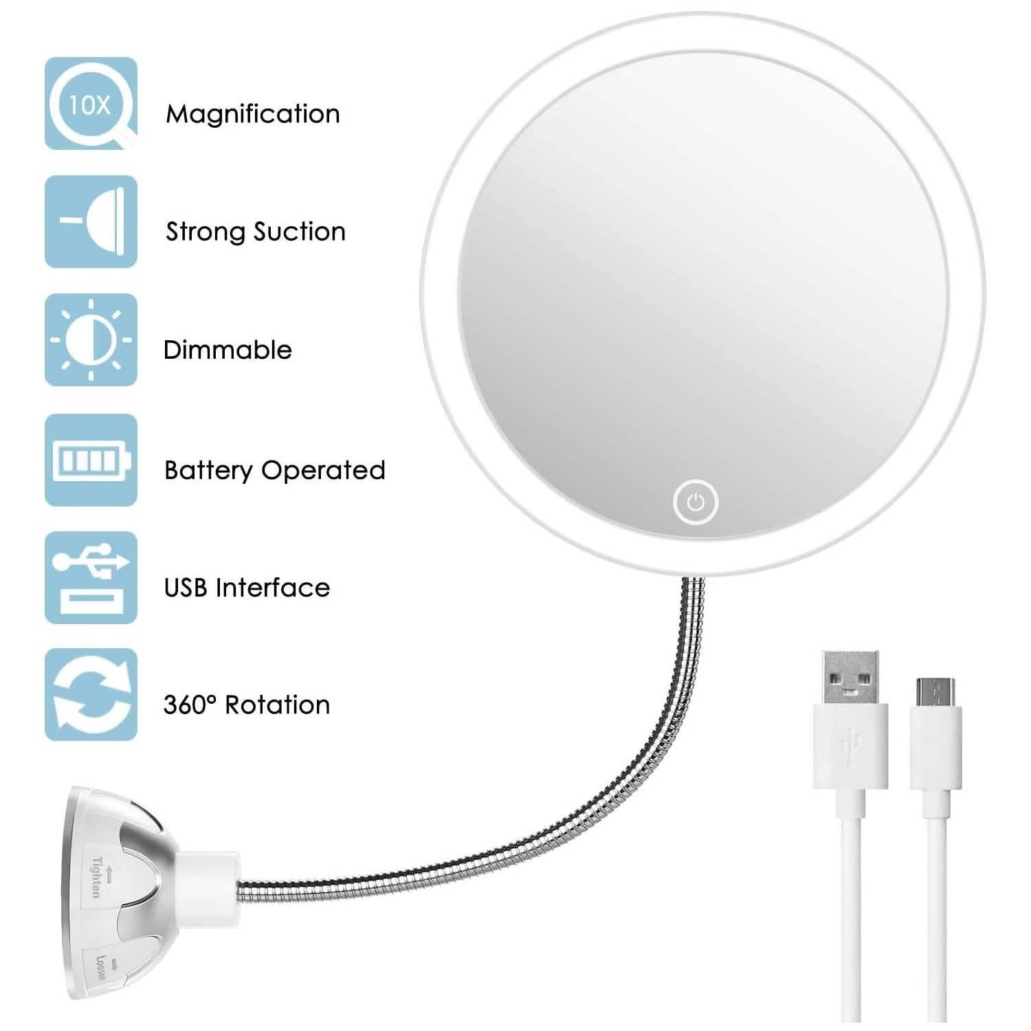 Vanity Mirror 10-Times Magnifying LED Lighted Make-up Swivel Suction Cup Compact Folding Beauty & Personal Care - DailySale