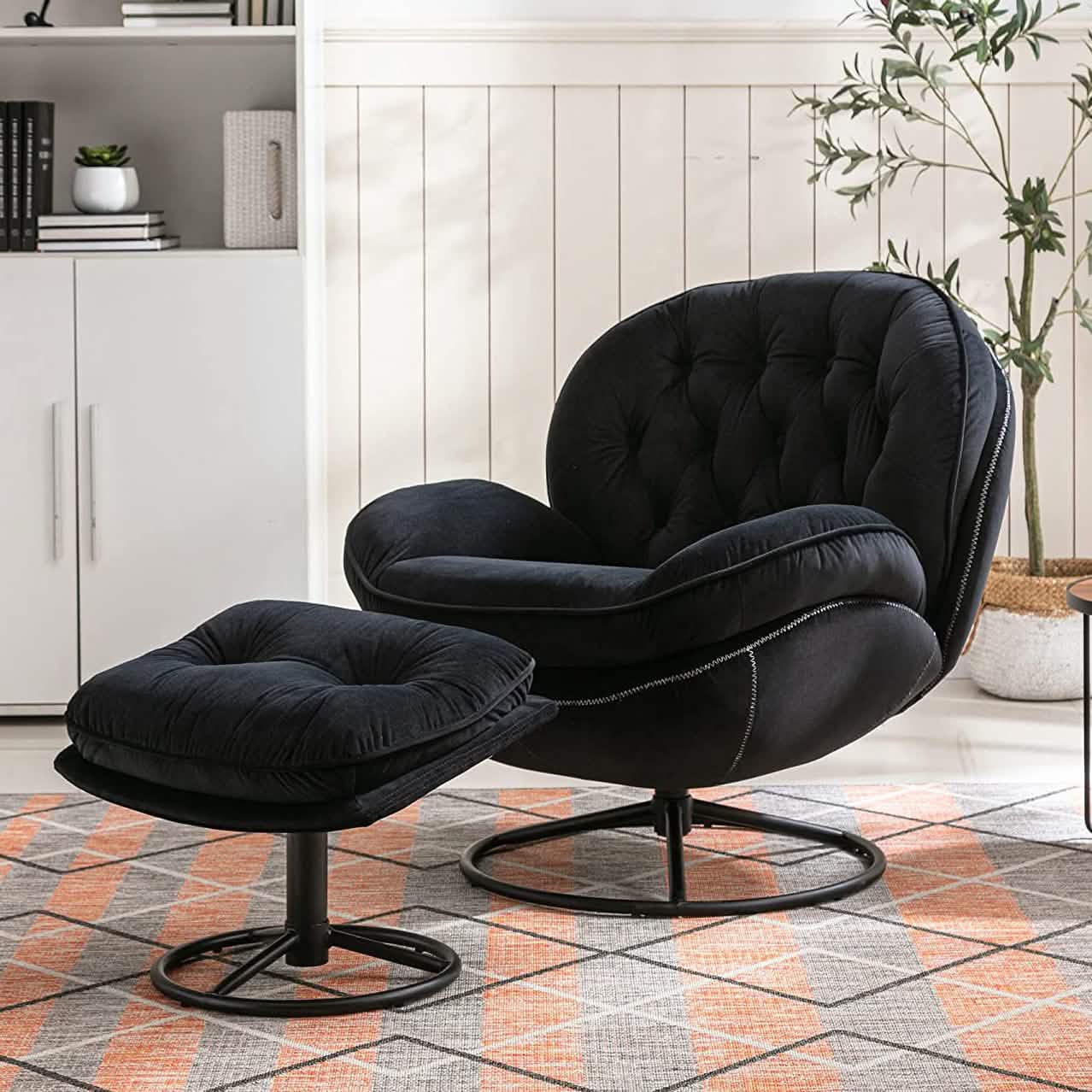 Velvet Swivel Accent Chair with Ottoman Set Furniture & Decor Black - DailySale