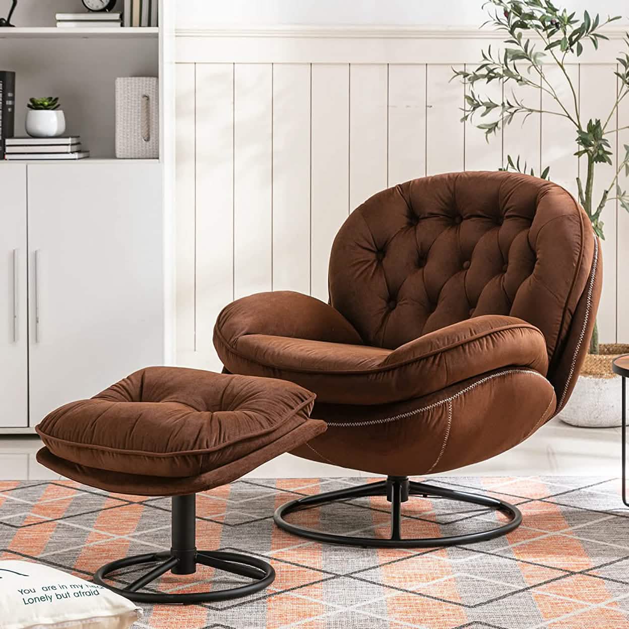 Velvet Swivel Accent Chair with Ottoman Set Furniture & Decor Brown - DailySale