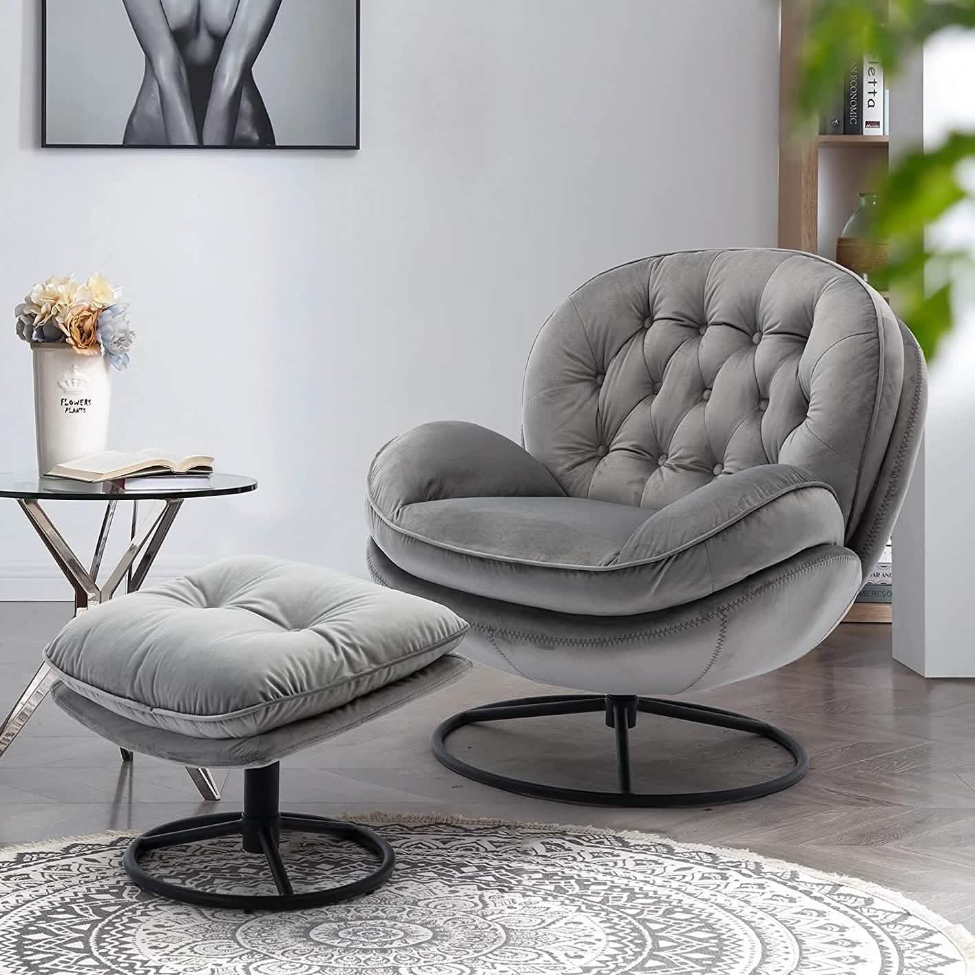 Velvet Swivel Accent Chair with Ottoman Set Furniture & Decor Gray - DailySale