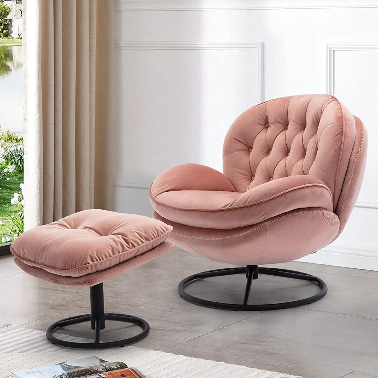 Velvet Swivel Accent Chair with Ottoman Set Furniture & Decor Pink - DailySale