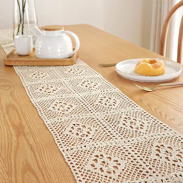 Vintage Farmhouse Style Crochet Lace Tablecloth Wine & Dining Beige Square 24x180cm - DailySale