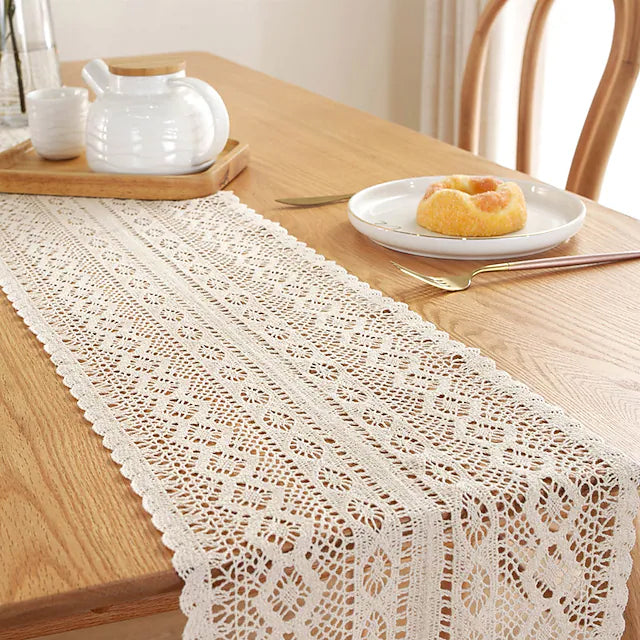 Vintage Farmhouse Style Crochet Lace Tablecloth Wine & Dining Bilateral Waves 24x180cm - DailySale