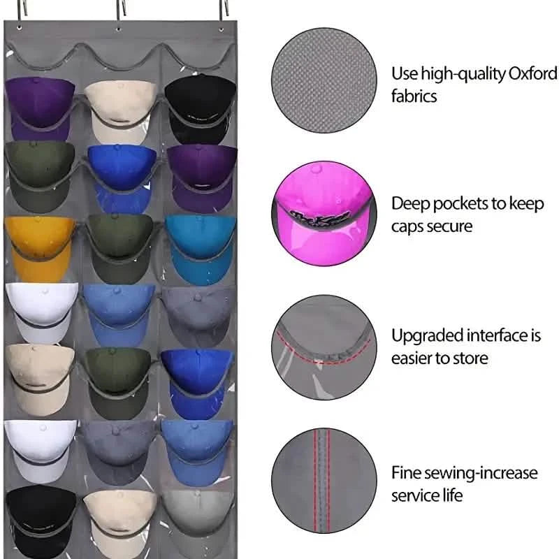 Visible Baseball Hat Rack for Wall Door with 3 Hooks 24 Deep Pockets Closet & Storage - DailySale