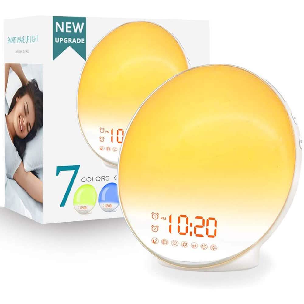 Wake Up Light Sunrise Alarm Clock shown next to its retail packaging, available at Dailysale