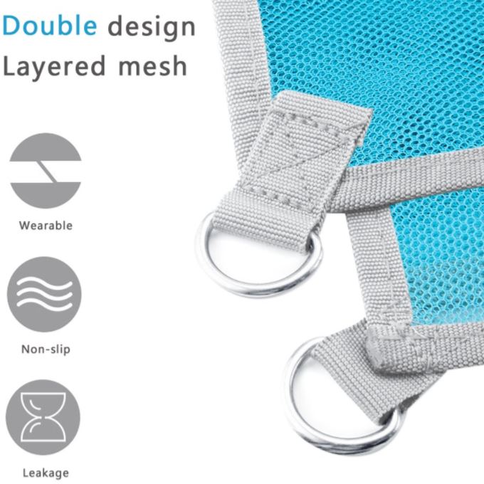 Closeup of corner hooks of Folded Waterproof Sand Free Beach Mat in blue showing the double mesh design