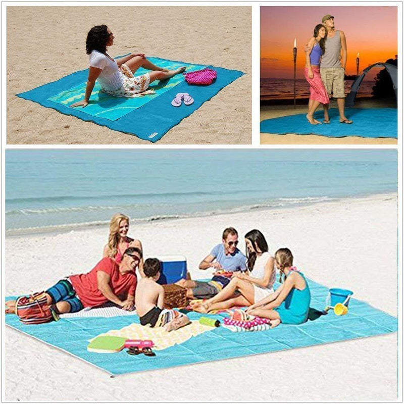 Three beach images showing (clockwise) a woman lying on a blue Folded Waterproof Sand Free Beach Mat, a couple standing on a blue beach mat at dusk, and a family having a beach picnic over a blue beach mat