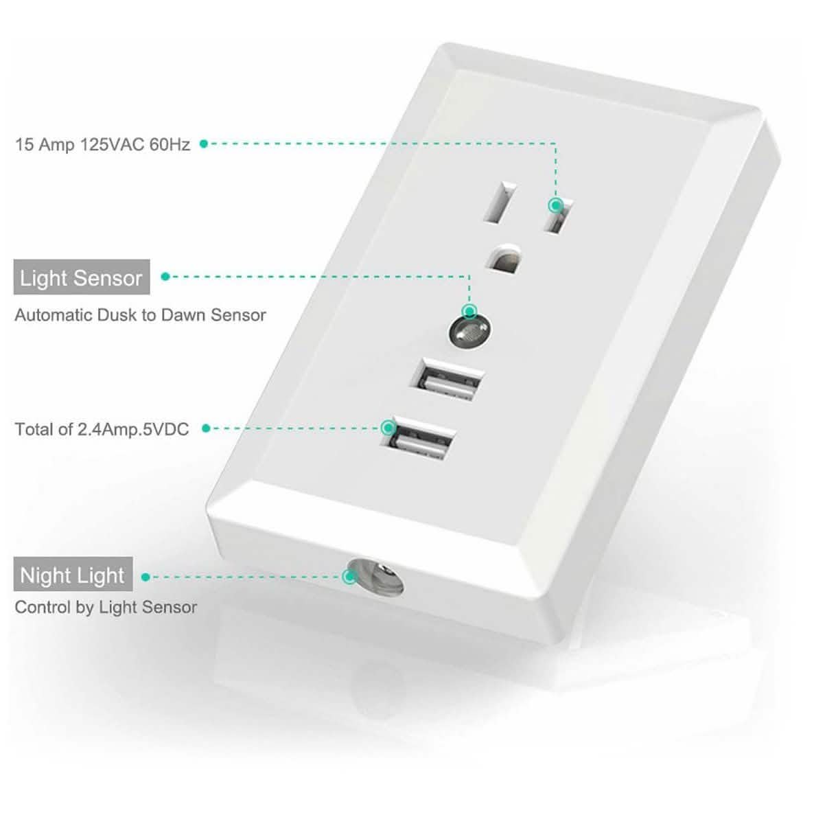 White Light Sensor Dual USB Wall Outlet Gadgets & Accessories - DailySale