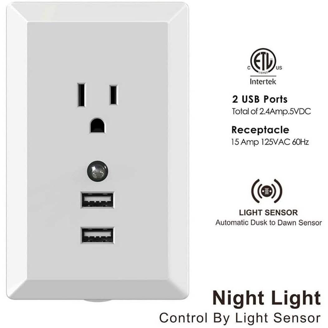 White Light Sensor Dual USB Wall Outlet Gadgets & Accessories - DailySale