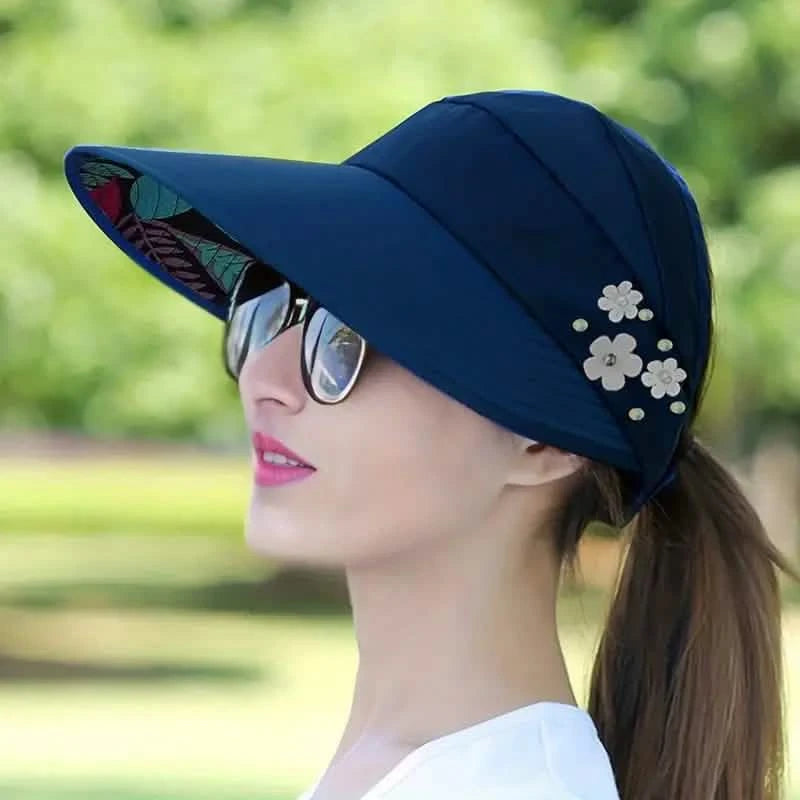 Wide Brim Sun Visor Foldable Picnic Hat Beach UV Protection Scallop Cap Women's Shoes & Accessories Navy - DailySale