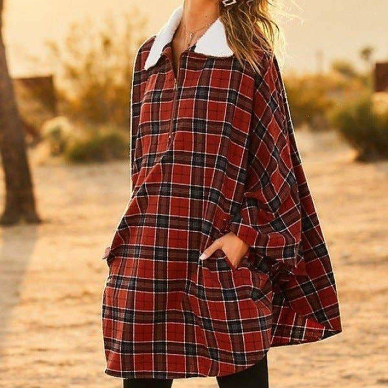 Winter Pocket Plaid Poncho Women's Outerwear - DailySale