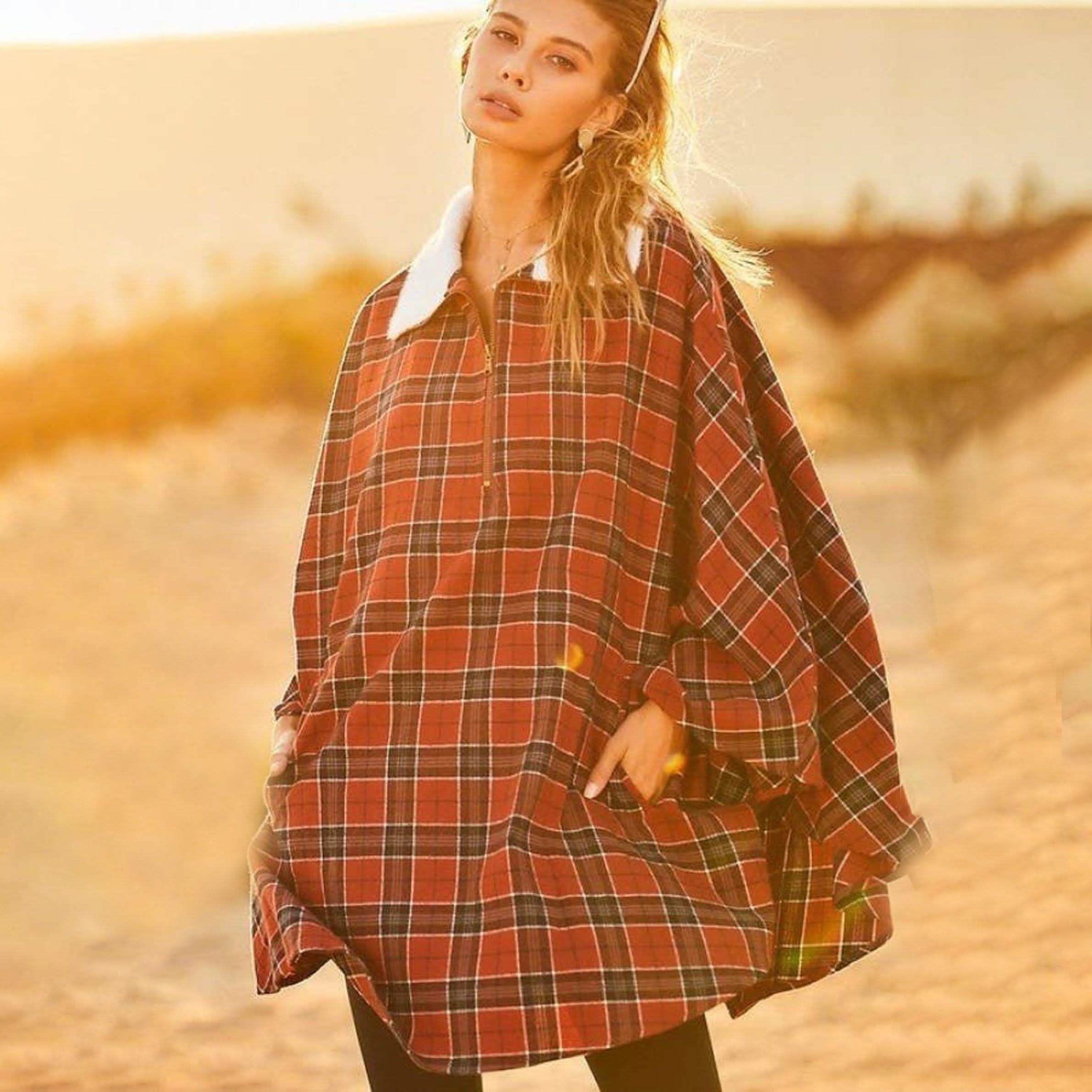 Winter Pocket Plaid Poncho Women's Outerwear - DailySale