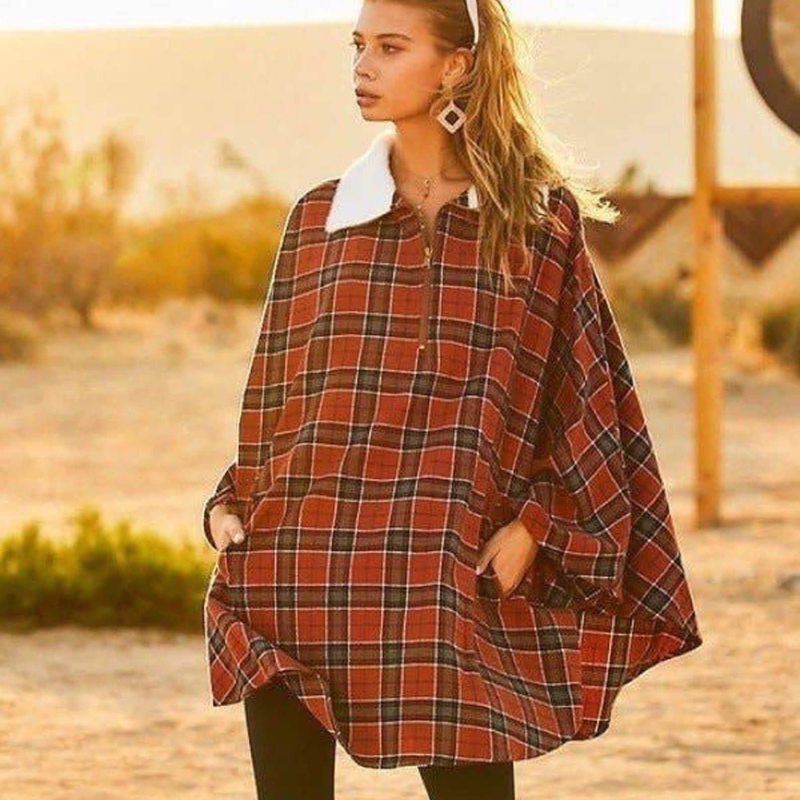 Winter Pocket Plaid Poncho Women's Outerwear S/M - DailySale